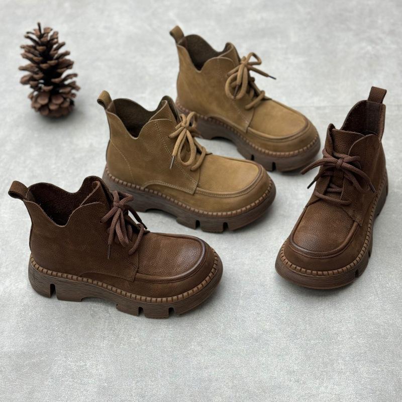 Johnature Handmade Genuine Leather Short Boots Retro Thick Soled Round Toe Lace Up Women's Shoes