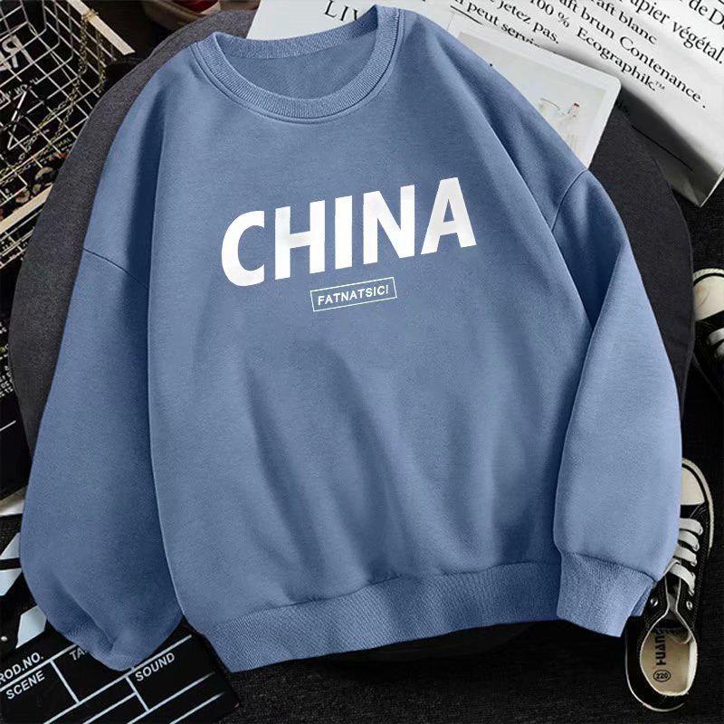 Men's Trendy Loose-Fit Hoodless Sweatshirt - Hong Kong Style, Fleece-Lined, Spring & Autumn, Round Neck, Couple's Pullover.