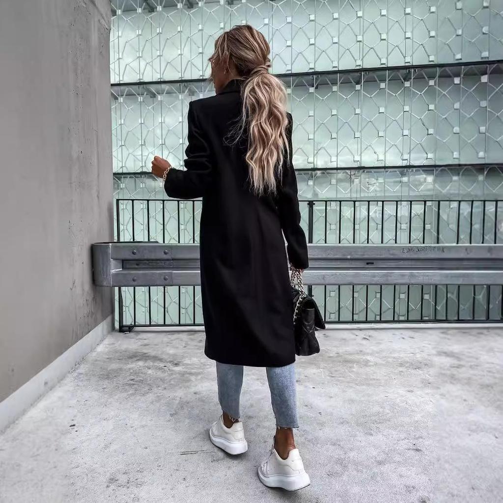 Women's Long Double Breasted Blazer Coat In Beige, Light Gray, Black & Off White with Notched Lapel