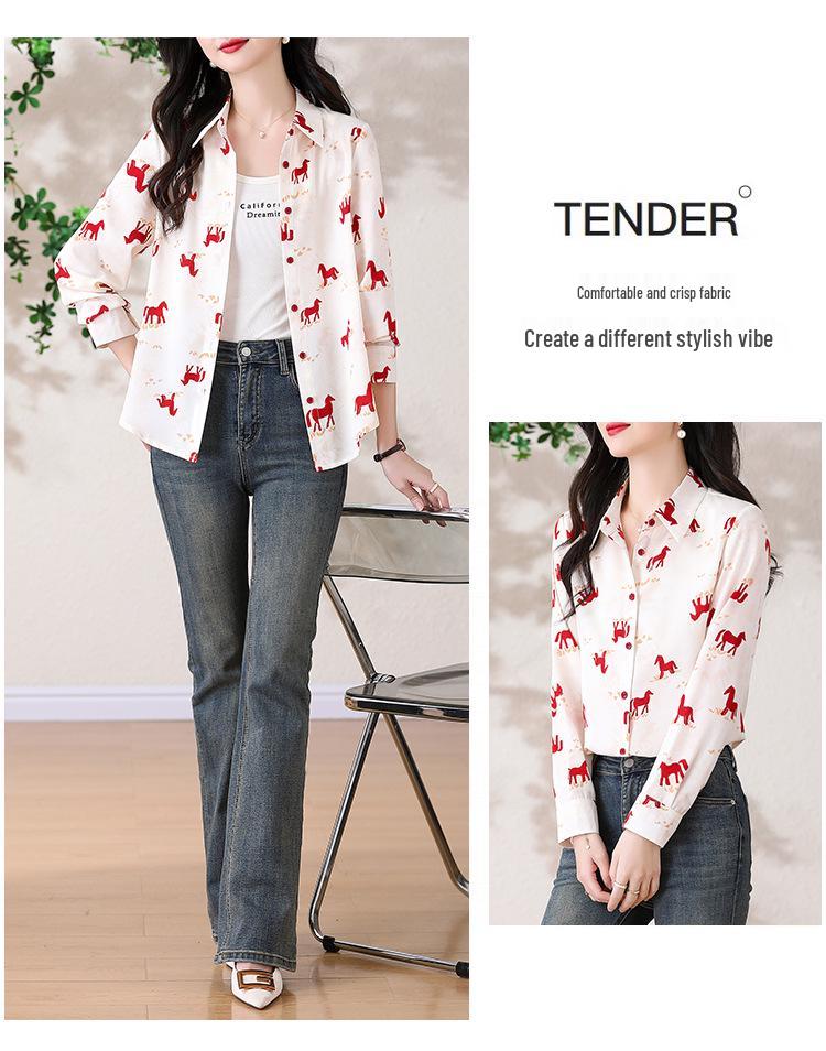 Women's French Retro Pony Print Chiffon Shirt - Elegant Designer Spring/Autumn 2026 Style