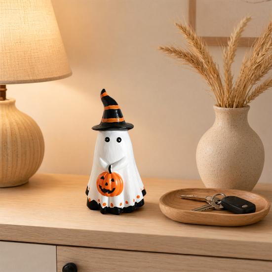 Yousheng Halloween Ghost Figurine with Witch Hat, Cute Small Resin Ghost Holding Pumpkin Statue for Home Table Shelf Desk Decor