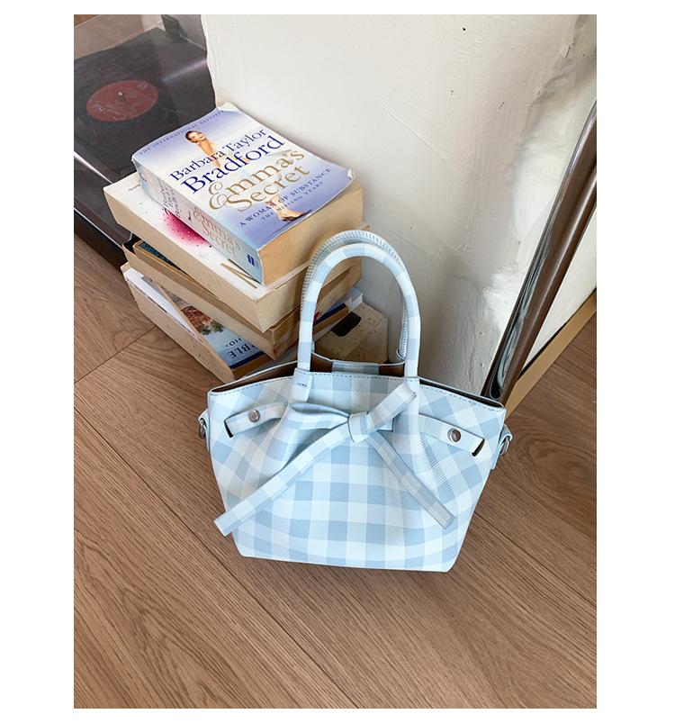 

Bow Small Bag Women s 2025 New Trendy Korean Versatile Commuter Bag Plaid Bucket Bag One Shoulder Crossbody синій