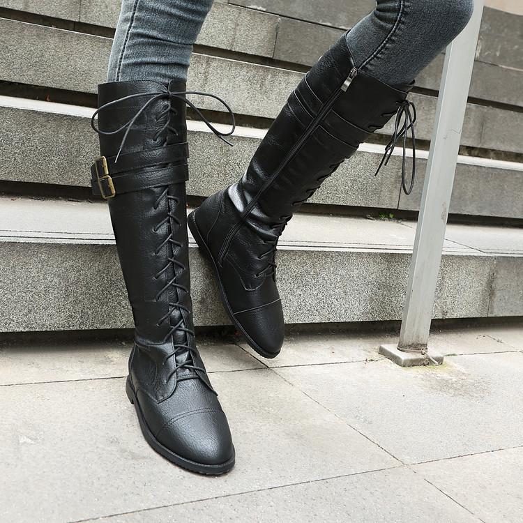 Western cowboy boots European and American belt buckle low heel flat bottom strap high boots fashion boots