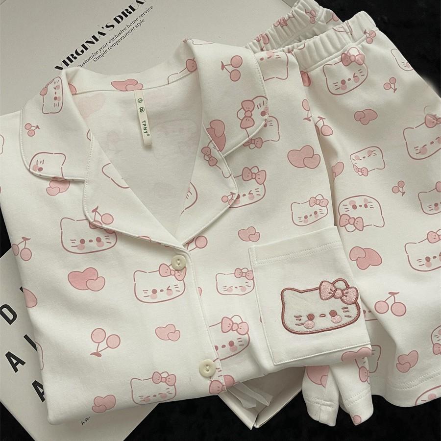 

Japanese cartoon full print Hello Kitty pajamas women s summer short-sleeved shorts cardigan set girl lazy style loungewear S