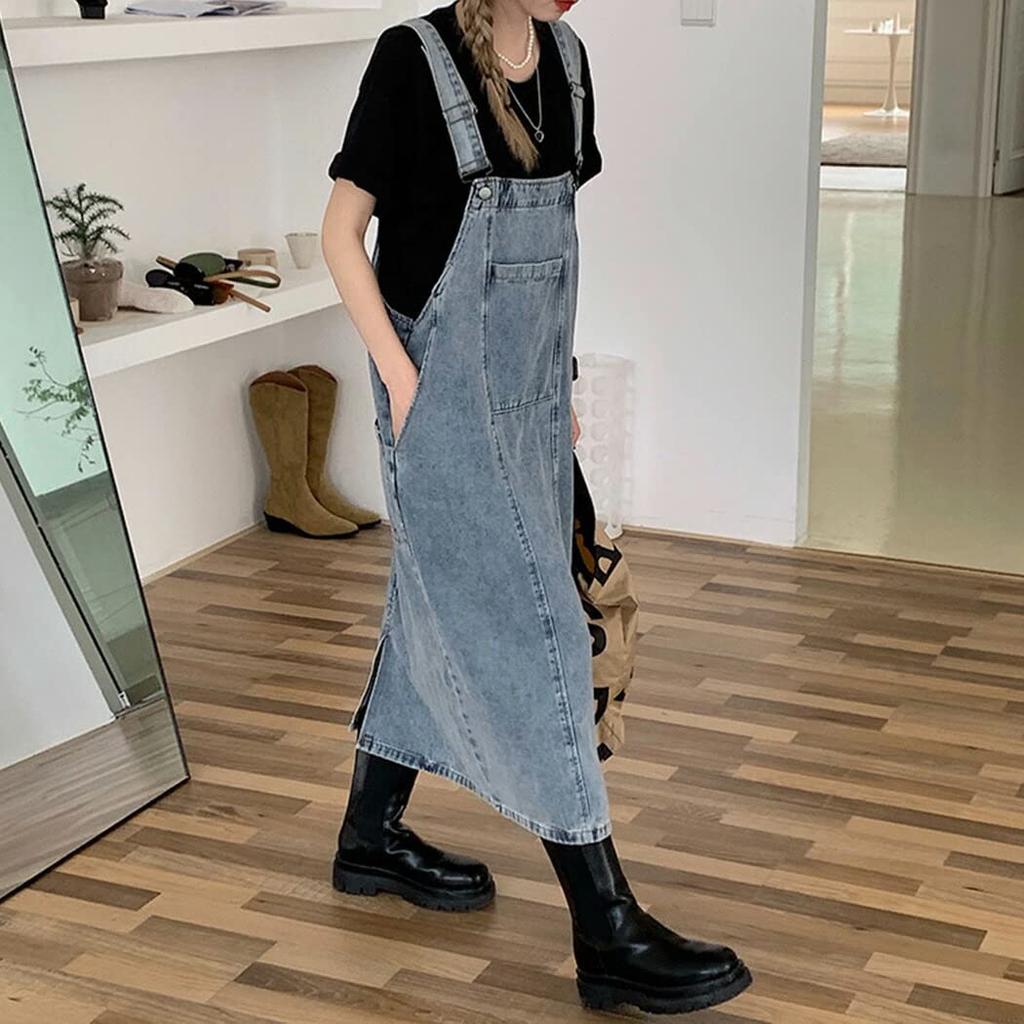 [Teddy] Denim Overalls Jumper Dress All-in-One Loose Fit Medium Weight Spring/Summer/Autumn Streetwear Pants 453 (Light Blue, S)