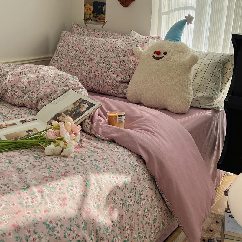 Juego de cuatro piezas de algodón puro de 60 hilos, cama gruesa de algodón puro, juego de tres piezas, algodón de fibra larga, funda de edredón pequeña y fresca, sábana ajustable