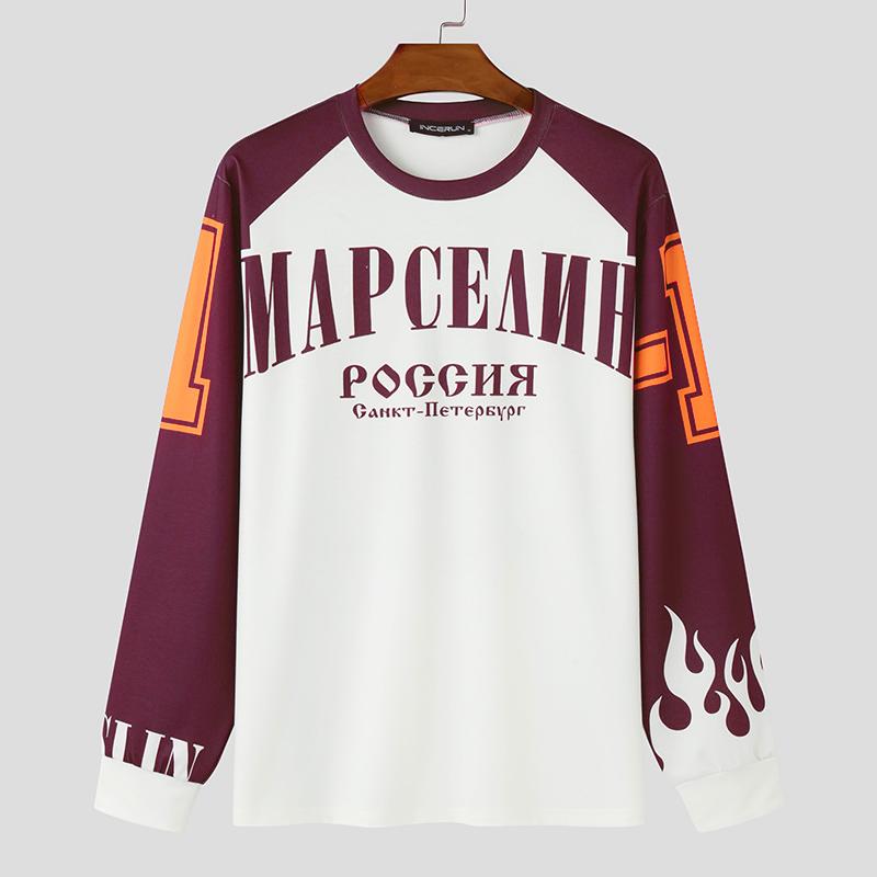 

INCERUN Большие мужские повседневные топы с длинным рукавом и принтом в виде букв в стиле пэчворк, футболки 2XL темно-красного