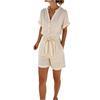 Women's Linen Cotton Breathable Loose Casual V-neck Tie-front Shirt Jumpsuit Shorts