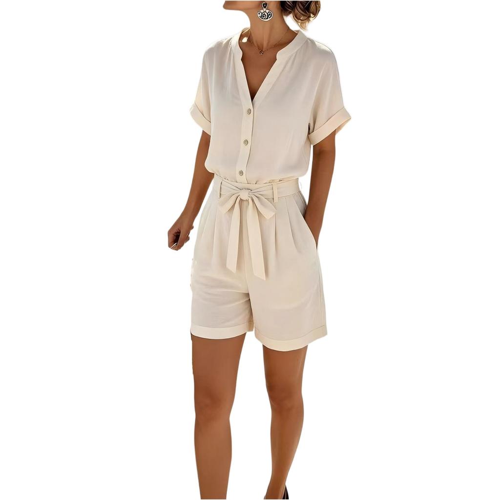 Women's Linen Cotton Breathable Loose Casual V-neck Tie-front Shirt Jumpsuit Shorts