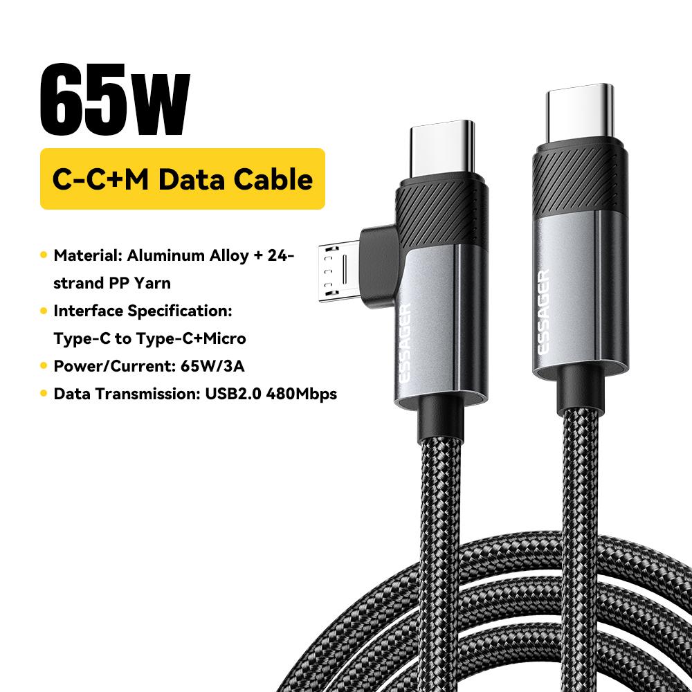 ESSAGER 2m 65W Aluminum Alloy Data Cable 2 in 1 Type-C to Type-C+M Micro Fast Charging Cable