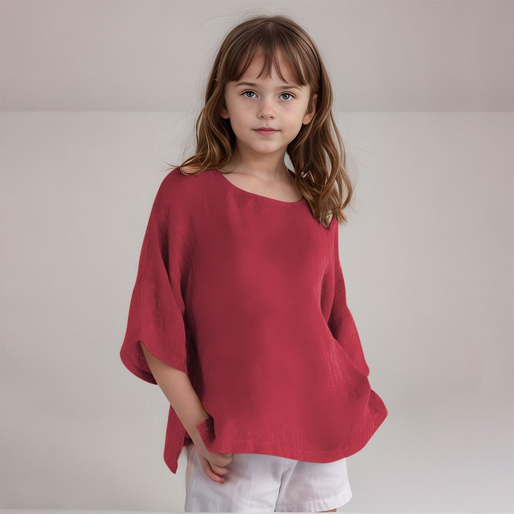 Kinder Baumwolle und Leinen Halbarm Rundhals T-Shirt Einfarbig Lässige Alltagsjacke