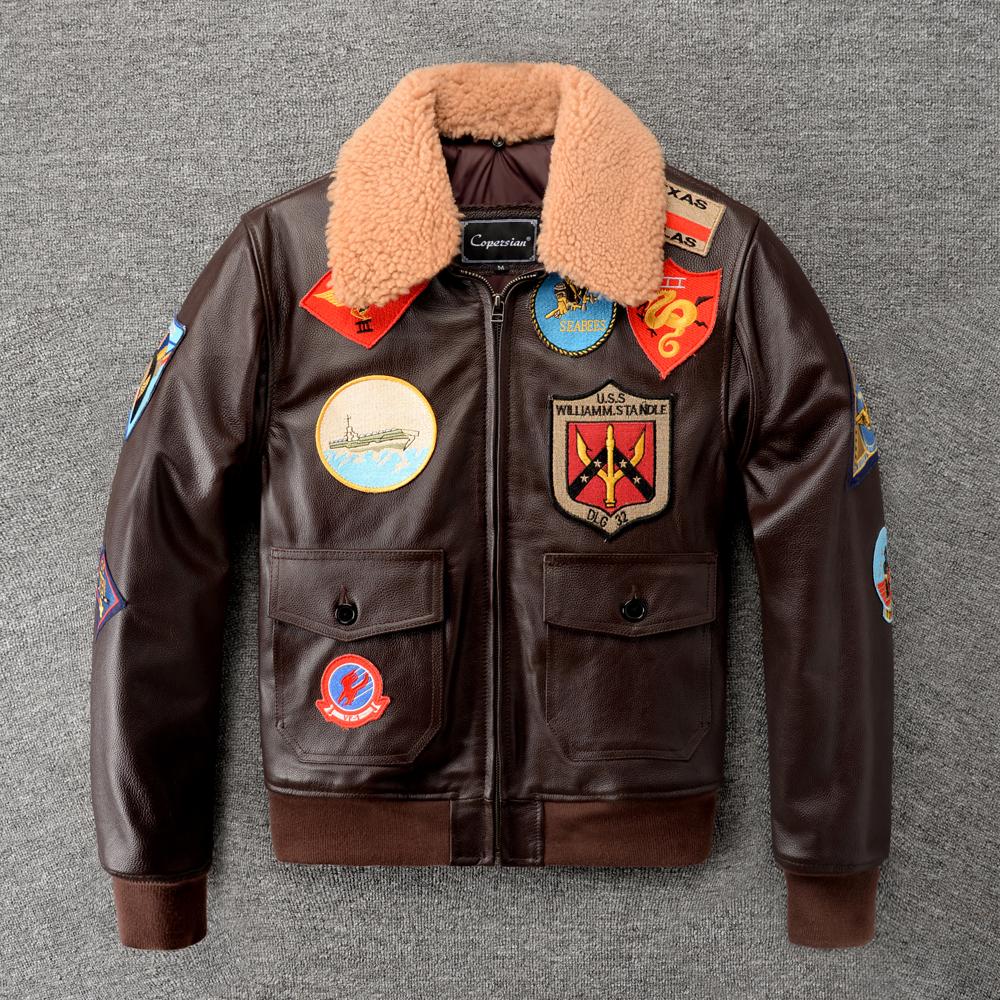 

Genuine CowMen Leather Jacket Detachable Fur Collar Top G1 Flight Suit Jackets For Men Military Aviator Cowhide Coat Winter XXXL коричневий