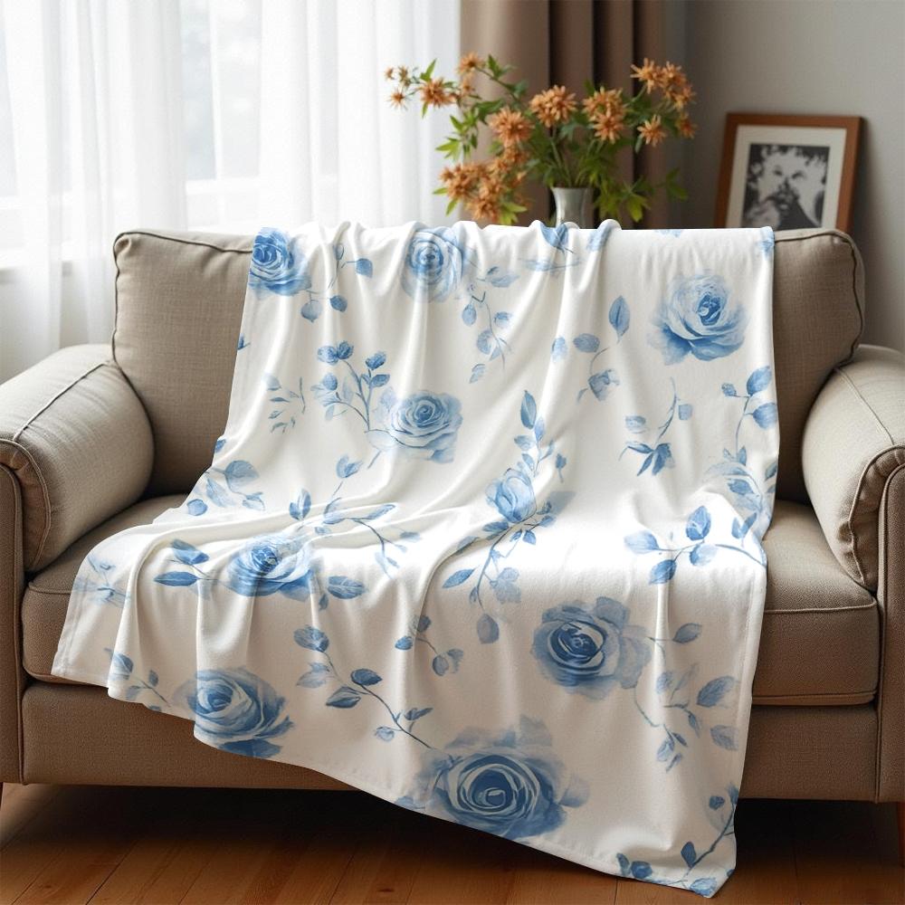 Blue Rose Watercolor Cartoon Anime Print Flannel Blanket Soft Warm Throw for Kids Bedroom Sofa Christmas Office Car