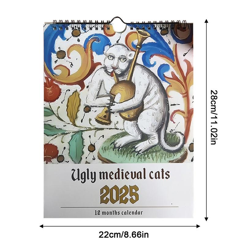Mittelalterlicher Katzenkalender 2025 Seltsame Mittelalterliche Katzen Wandkalender 2025 Hässliche Mittelalterliche Katzen Kalender 12 Monate Januar bis Dezember