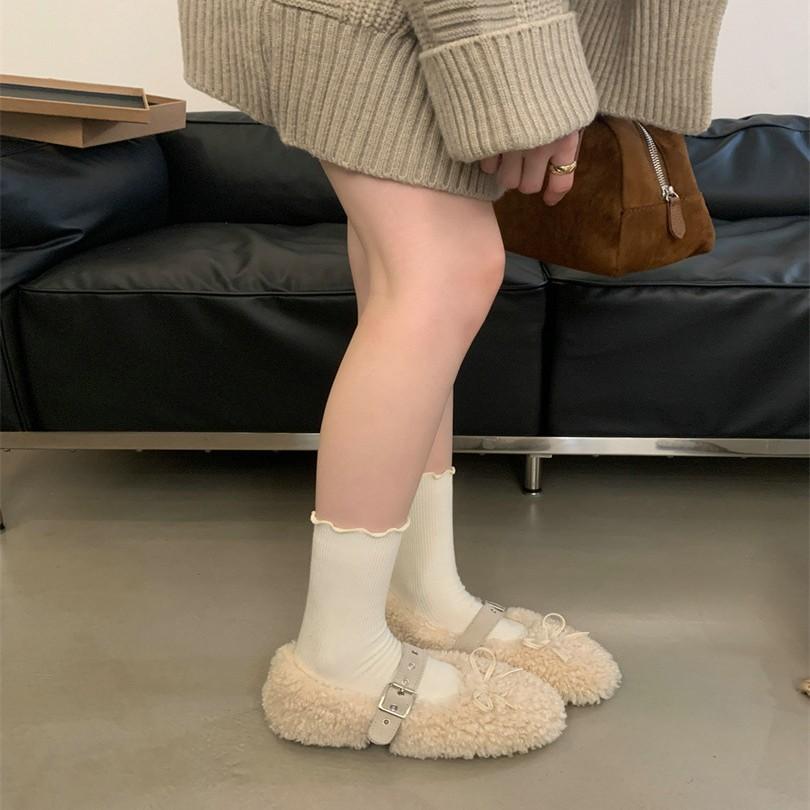 2025 autumn and winter comfortable versatile bow cotton shoes round head one-word buckle casual fluffy shoes