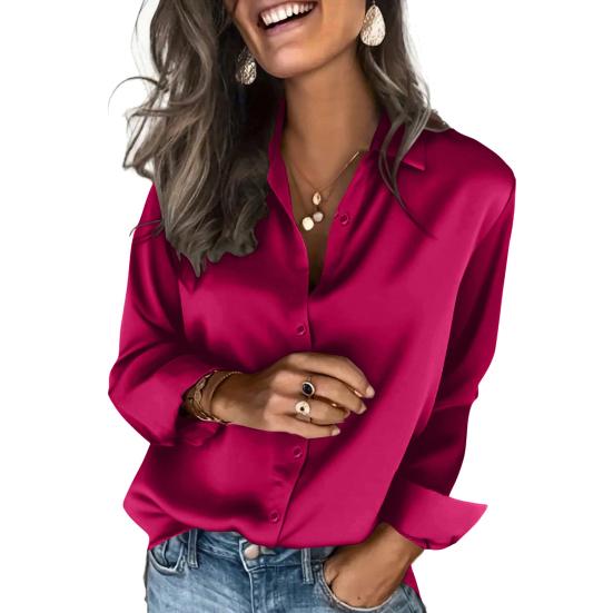 Women Satin Shirt Pure Color Loose Fit Imitation Silk Shirt Lapel Long Sleeve Buttons Placket Tops Business Casual Daily Wear