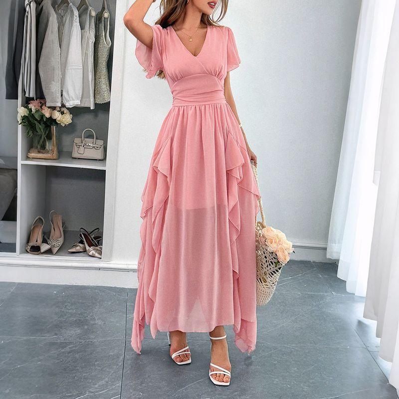 

European and American Cross-Border Women s Clothing 2025 Summer Amazon Independent Site Casual Resort Style Short-Sleeved Waist-Cinched Long Dress Pink XL