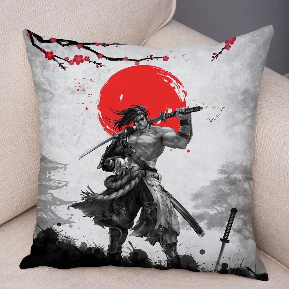 Japan Style Ink Warrior Cushion Cover for Sofa Home Double Print Decor Beautiful Scenery Girl Pillowcase Soft Plush Pillow Case