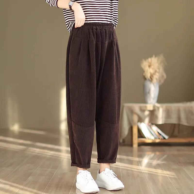 Autumn Winter New Fashion Elastic Waist Solid Women's Clothing Pockets Loose Casual Simplicity Trend Young Thicken Haren Pants 4XL