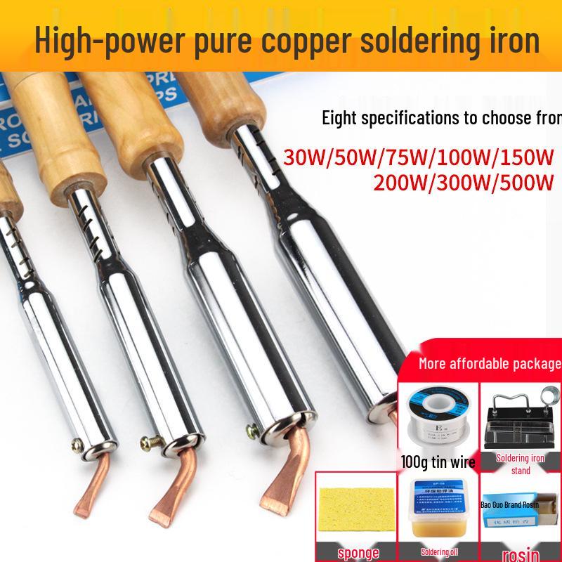 High Power Electric Soldering Iron with Wooden Handle & Bent Flat Copper Head - Available in 100W, 150W, 200W, 300W, 500W.