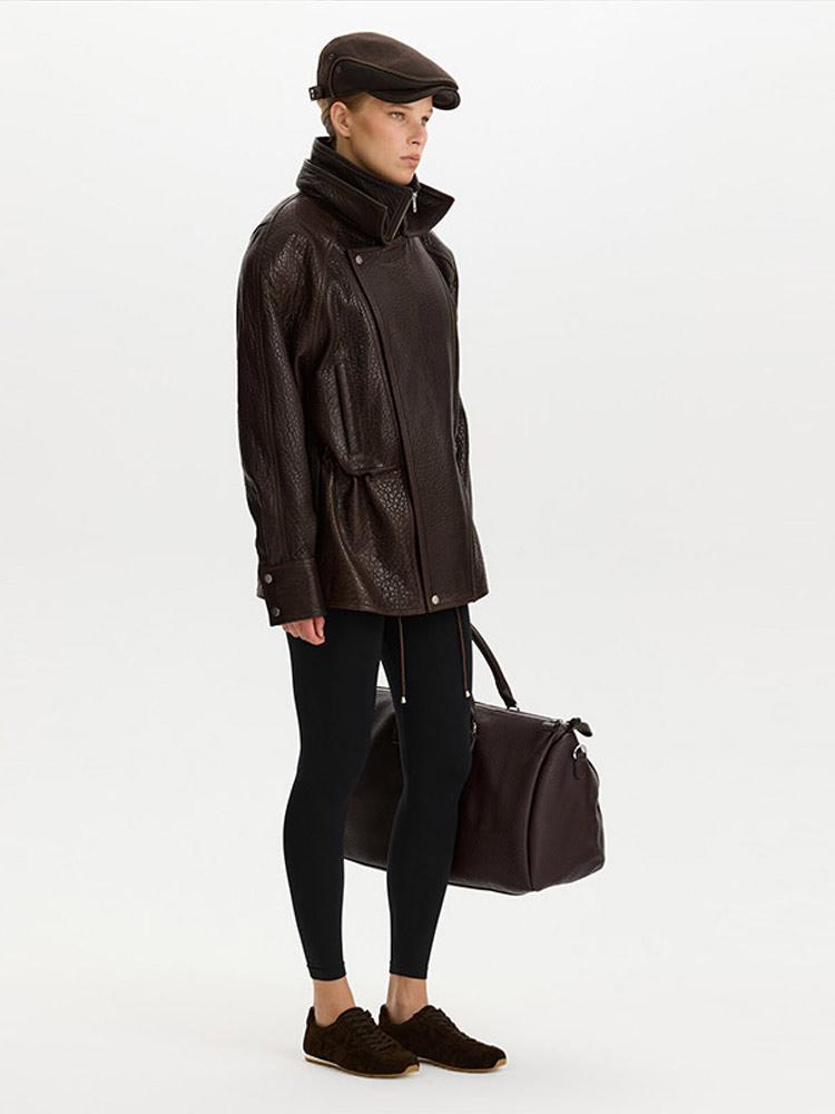 Ladies' Waist Cinched Lapel Leather Jacket Women's Brown Zipper Leather Jacket Windproof Jacket Fashion Style Autumn and Winter