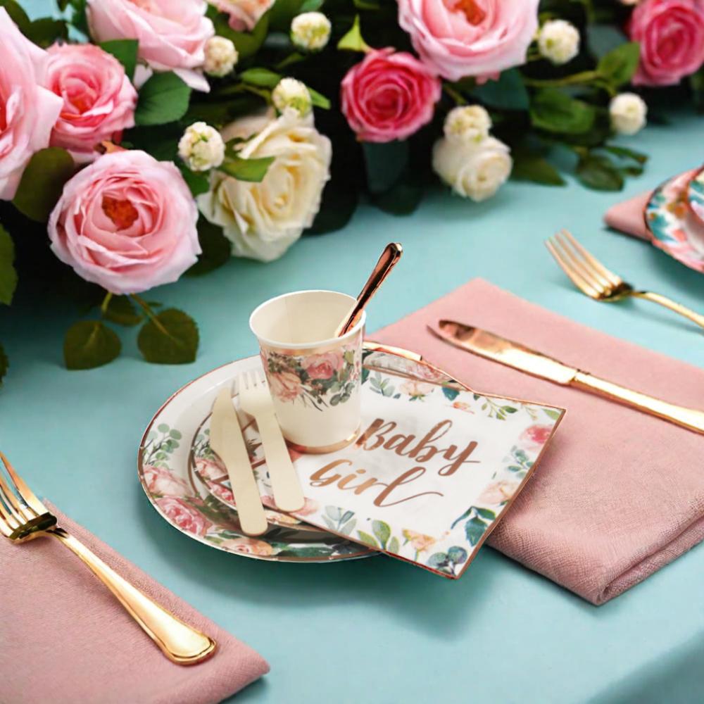 Rose Gold Floral Baby Shower Party Tableware Set 24 Eco-friendly Plates Napkins Cups Knives Forks Table Decorations
