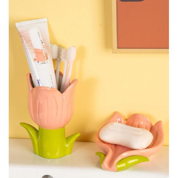 WAIT FLY Flower Shape Toothbrush Holder, Bathroom Decor-Pink-Tulip Toothbrush Holder