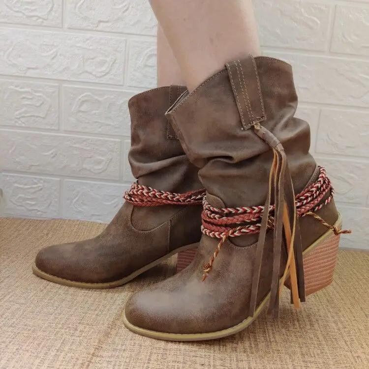 Mode Retro Cowgirl Quasten Flacher Absatz Damen Westernstiefel Vintage Patchwork Bequeme Walking Stiefeletten Stilvoll Lässig Nagelneu Gewaschene Schuhe