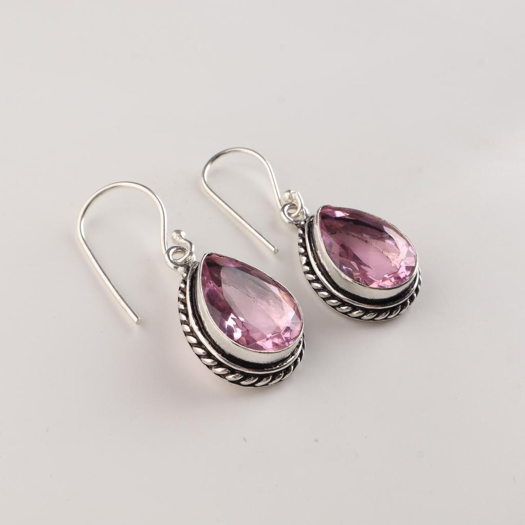 Morganite Gemstone Silver Dangle 925 Sterling Silver Pink Stone Jewelry For Her AEE-2-4