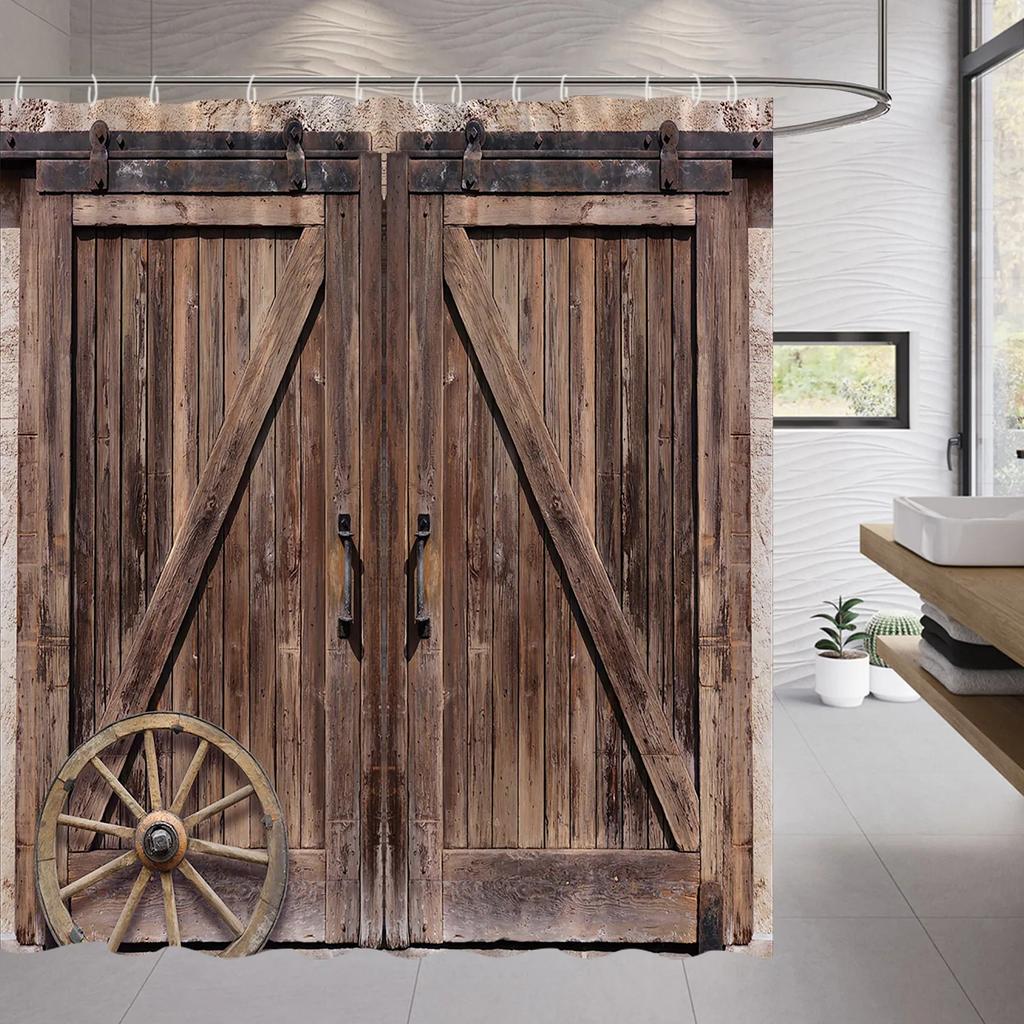 Wood Door Cow Shower Curtain Farm Animal Barn Door Wooden Wheel Pumpkin Sunflower Retro Bath Curtain Bathroom Accessories Set