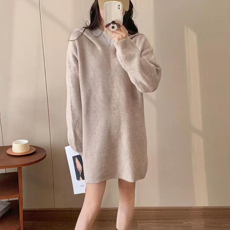 Temperament Medium and Long Hooded Knitted Sweater Top Women's Autumn and Winter New Loose and Thin Solid Color Pullover Sweater Women