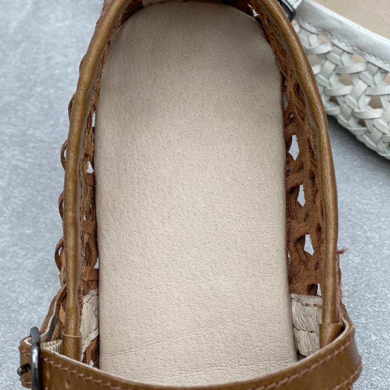 Johnature Handmade Cowhide Woven Hollow Women's Shoes Breathable Comfortable Genuine Leather Flat Sandals