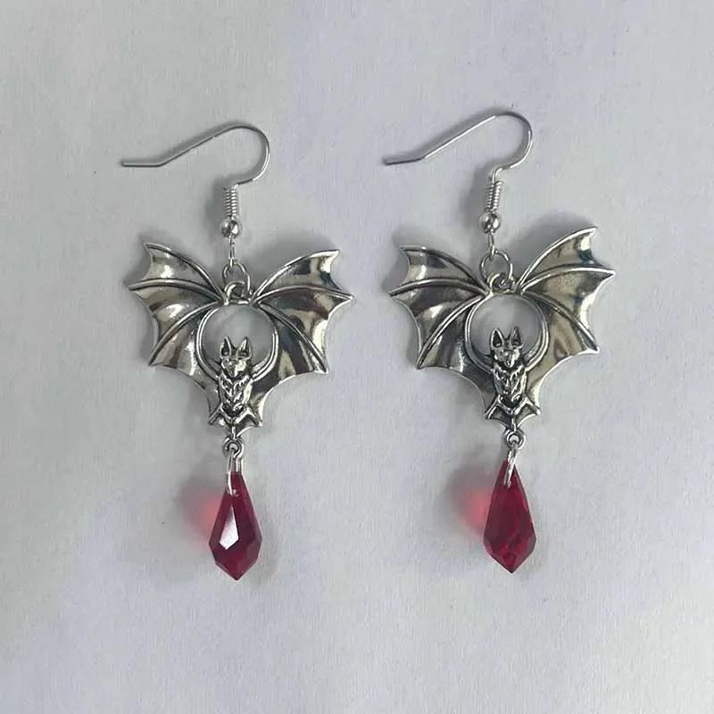 Gothic Vampire Bat Punk Earrings for Women Man Fashion Witch Jewelry Accessories Red Crystal Vintage Bat Pendant Ear Hooks