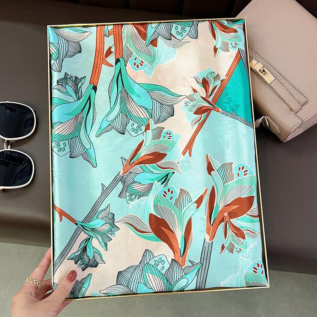 Spring and Autumn Flowers 91 Silk Scarf Square Scarf Women's Neck Protection Thin Fashion Foreign Style Scarf Summer Travel Beach Scarf
