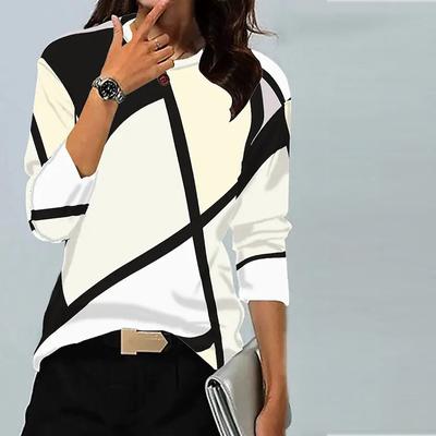 Kadın Sonbahar Üstleri Gevşek Kedi Siyah Şerit Baskı Nedensel Uzun Kollu Tişört Üst Bluz