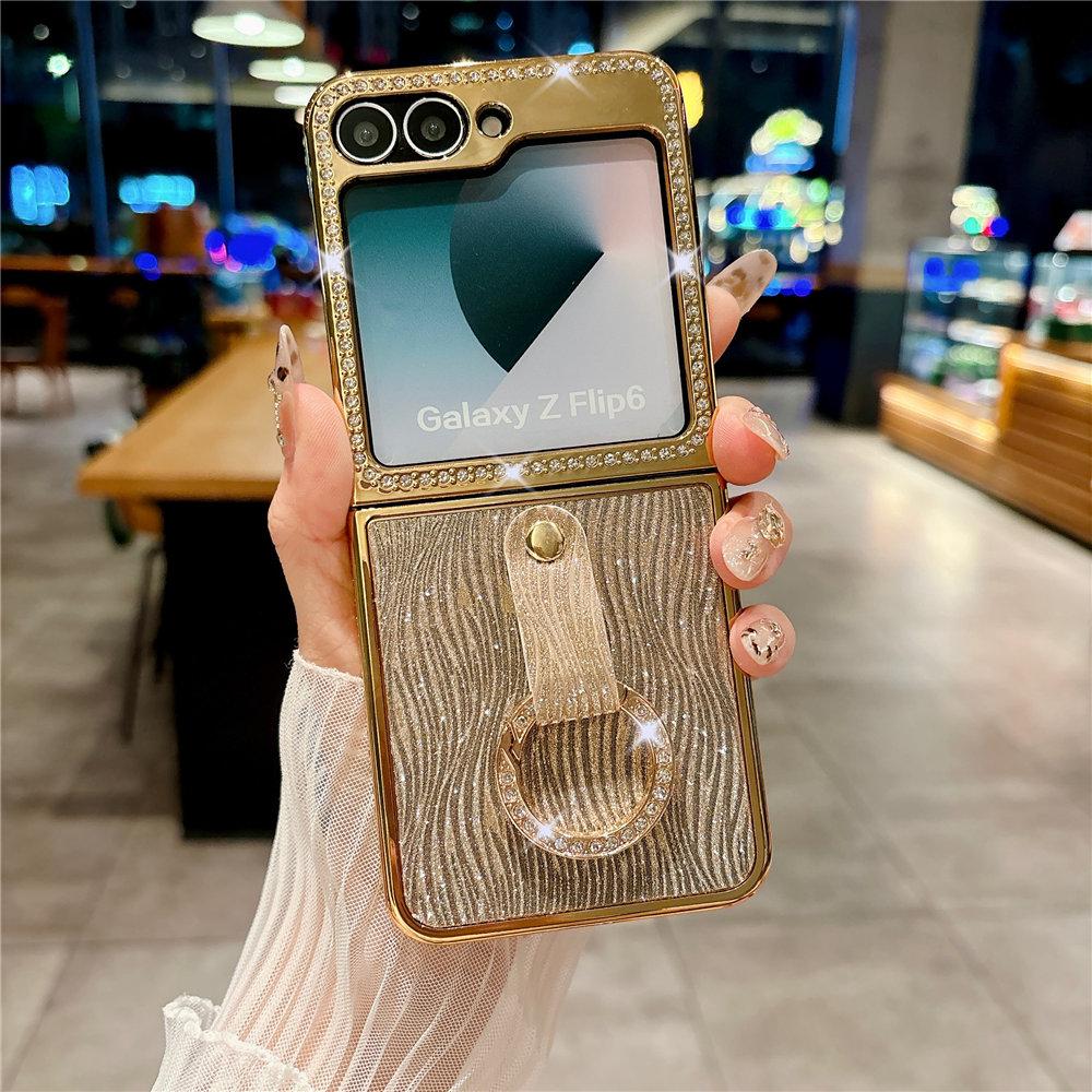 Ring Holder Diamond Case For Samsung Galaxy Z Flip 6 5 4 Zflip 5 Zflip 4 3 Bling Electroplating Cover
