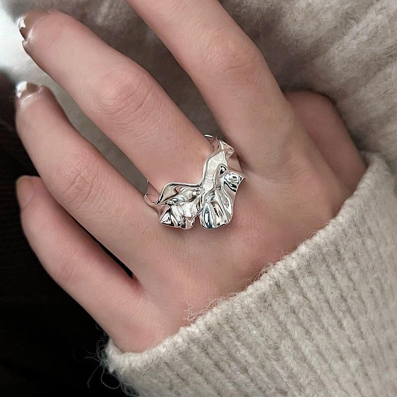 PANJBJ 925 Silver Frosting Geometry Ring for Women Wide Texture Versatile Handmade Ins Jewelry Gift