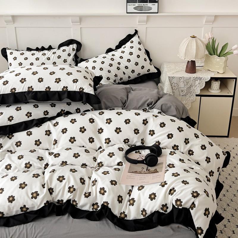 Washed Cotton Ruffle Bedding Set French Hepburn Style Floral Sets