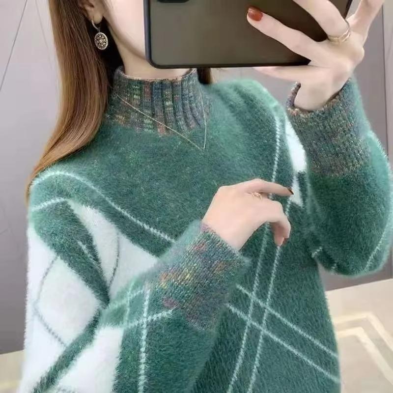 Half Height Collar Mink Fur Thick Sweater Women Winter Knitt Pullover Loose Korean Version Sweater Bottoming Shirt