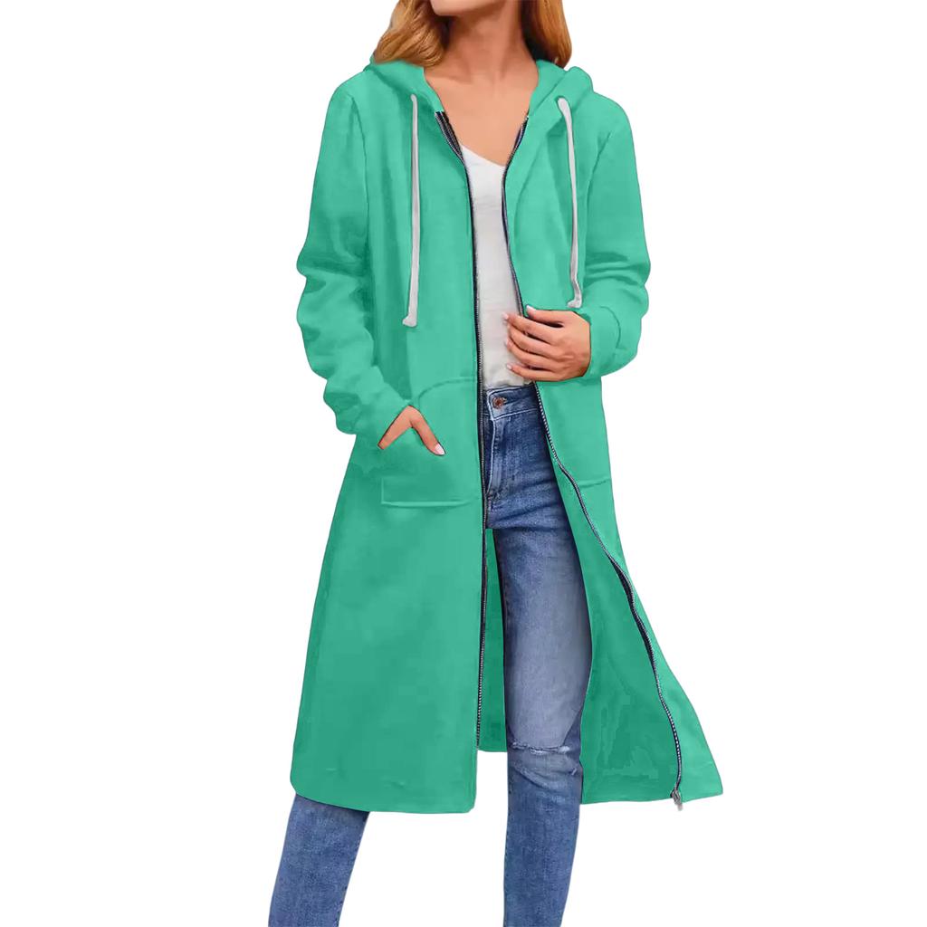 Women's Solid Color Fashionable Loose Zipper Long Cardigan Hooded Sweatshirt Jacket