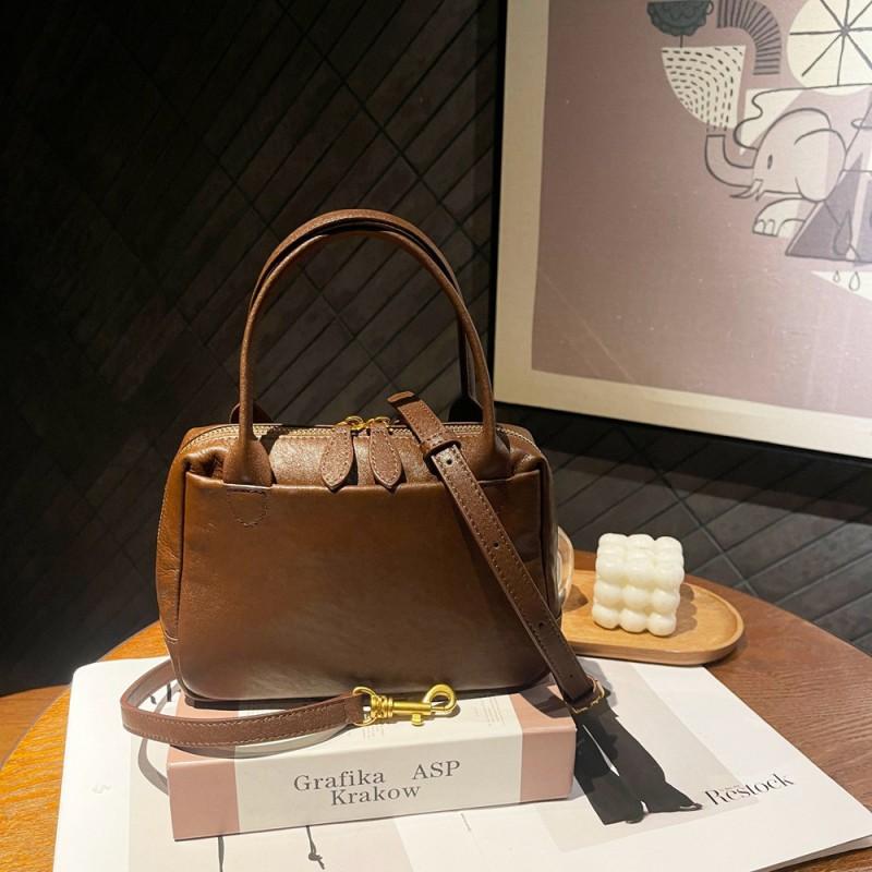Vegetable Tanned Cowhide Simple Boston Bag Women's Trendy Leather Retro Versatile Single Shoulder Crossbody