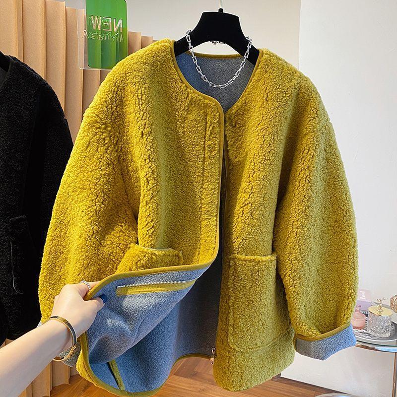 Women's Winter 2025 Soft Yellow Lambswool Coat - Loose, Thick, and Fluffy