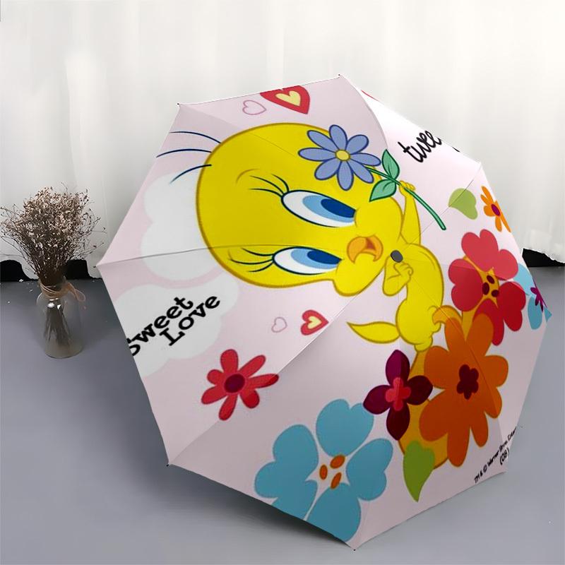 1pc Tweety Bird Flowers Heart Umbrella with Plastic Handle,Cartoon Pattern,Suitable for All Seasons Multi-functional Umbrella347
