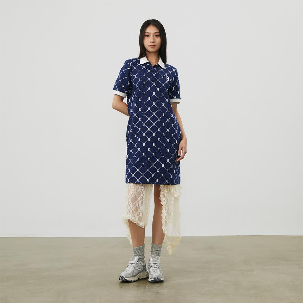 New MLB MONOGRAM Reading Collection Short Sleeved Dress Women's Navy Blue 3FOPM0443-43NYS