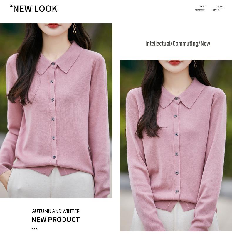 Women's Spring 2025 Lapel Cardigan Sweater - Knitwear Shirt Collar Base Layer or Outerwear Top