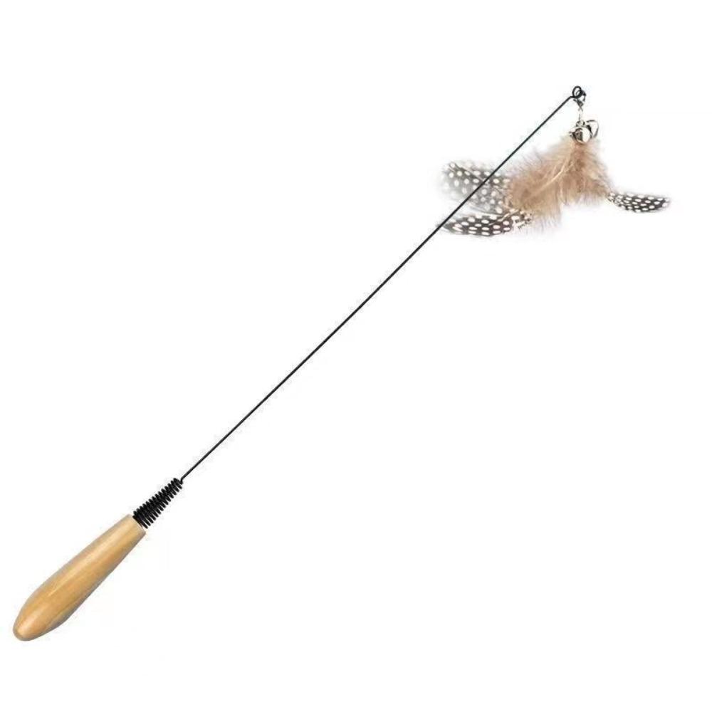 Wooden Handle Spring Teasing Cat Stick Simulation Fishing Rod Interactive Cat Teaser Stick Feather Replaceable Bell Squeaky Cat