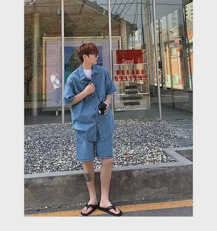 2023 Summer Men's Wash Denim Two-Piece Suit: Short-Sleeved Shirt & Half Pants Casual Set