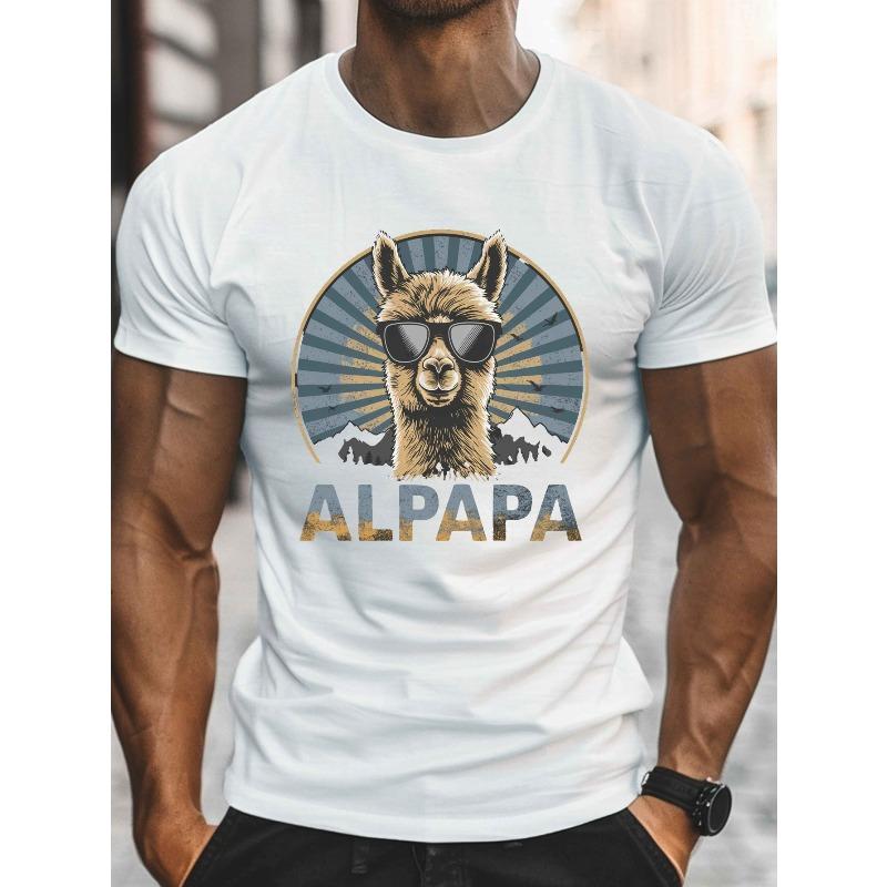 Alpaca Wearing Fashion Glasses Print, Men'S Round Crew Neck Short Sleeve Tee, Casual T-Shirt Casual Comfy Lightweight Top for Summer