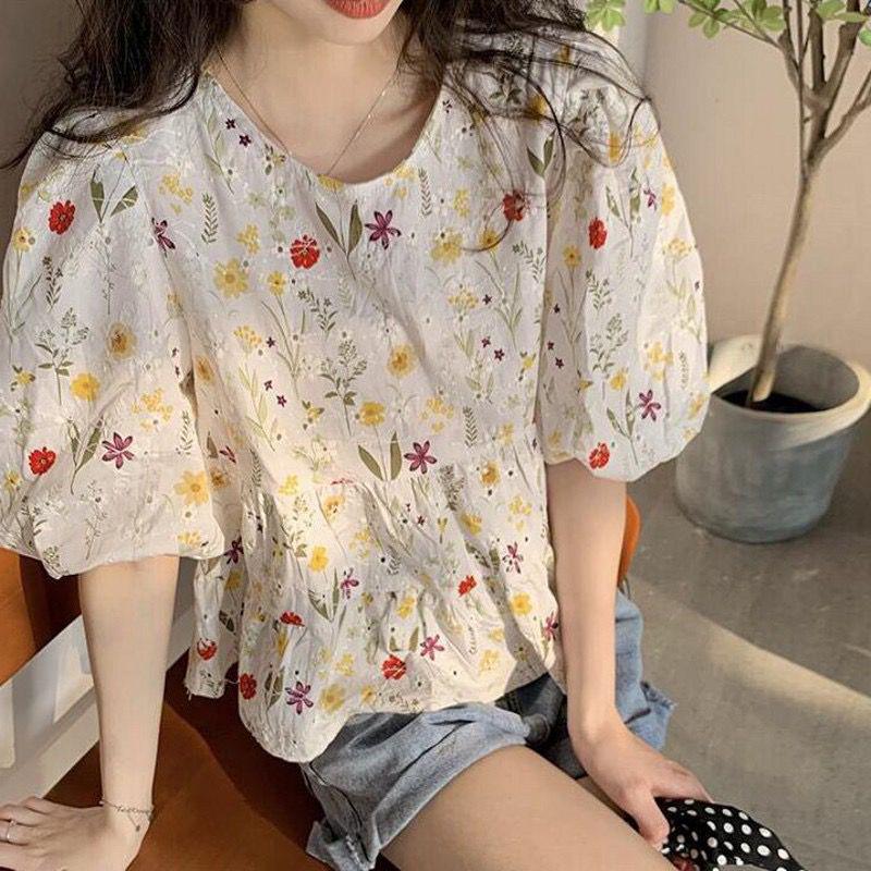Women's Hollow Jacquard Puff Sleeve Babydoll Blouse - Summer Pullover Round Neck Top
