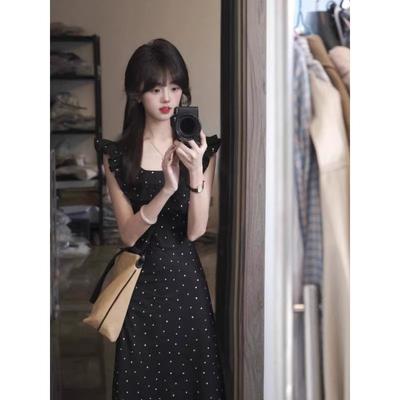 Black Polka Dot Doll Collar Dress Children Waist Temperament Design Sense Niche Gentle Vacation Style Long Dress Summer